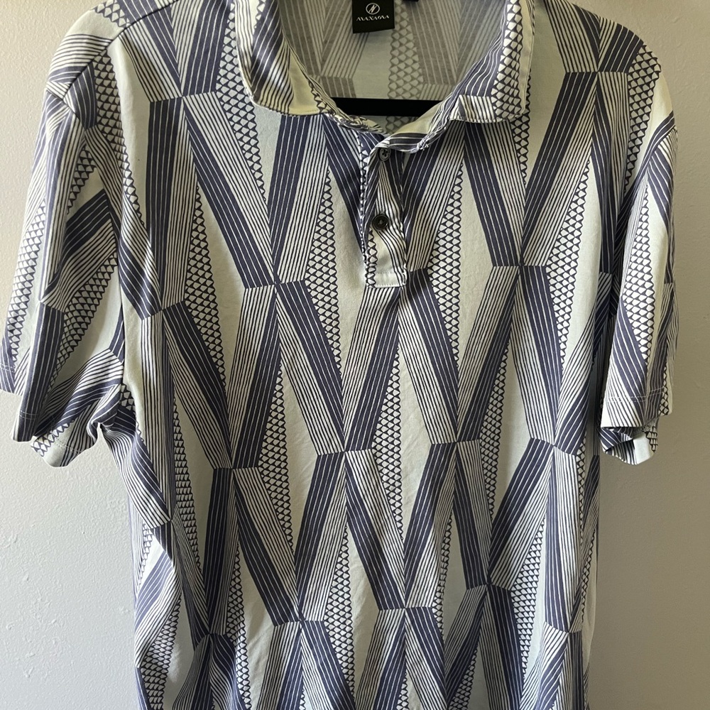 Manaola Blue and White Polo Shirt with Geometric Design